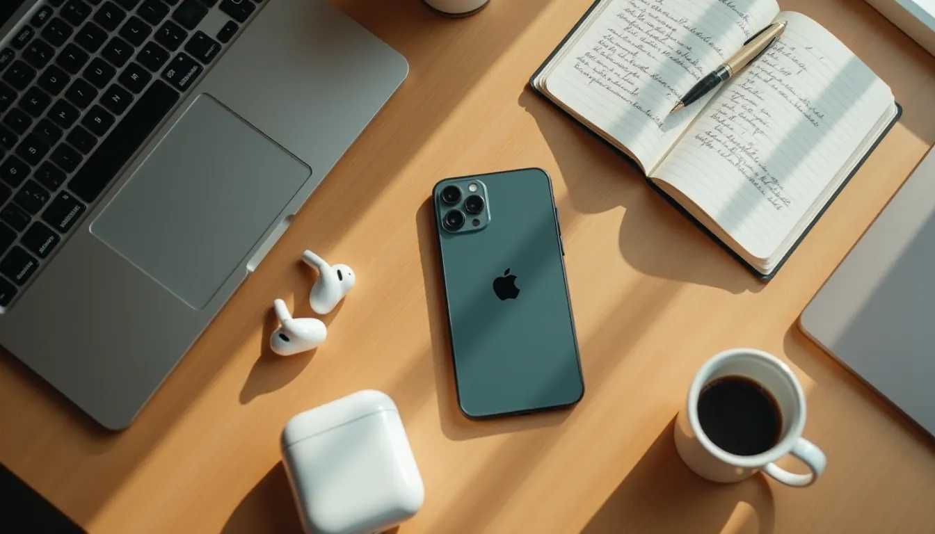 Vue de dessus d'un iPhone 17 posé sur un bureau en bois avec un ordinateur portable et un carnet, lumière naturelle de fenêtre