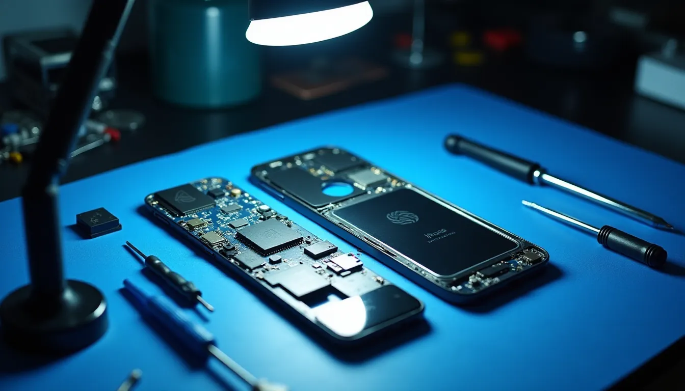 Pièces d'un iPhone 17 démontées sur un tapis antistatique en atelier de réparation mobile, outils de précision et carte mère visibles sous éclairage LED