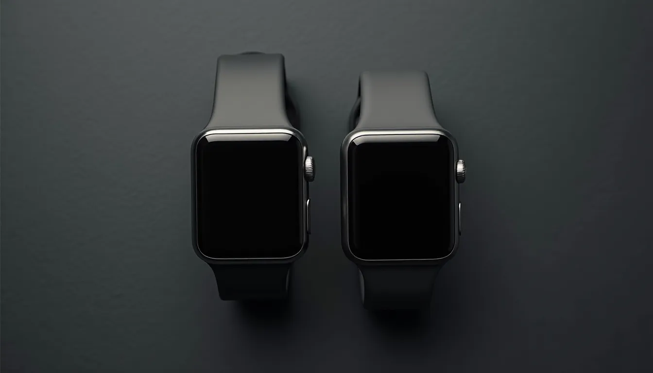 Comparaison côte à côte de l'Apple Watch Ultra 3 et de l'Apple Watch Ultra 2 posées sur une surface ardoise, mettant en évidence les différences de finition en titane et de luminosité d'écran