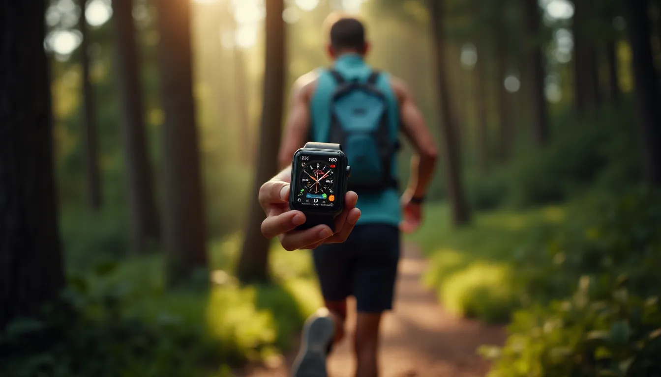 Coureur de trail vérifiant le suivi GPS et la fréquence cardiaque sur son Apple Watch Ultra 3 en pleine forêt alpine, avec un écran affichant la carte du parcours en temps réel