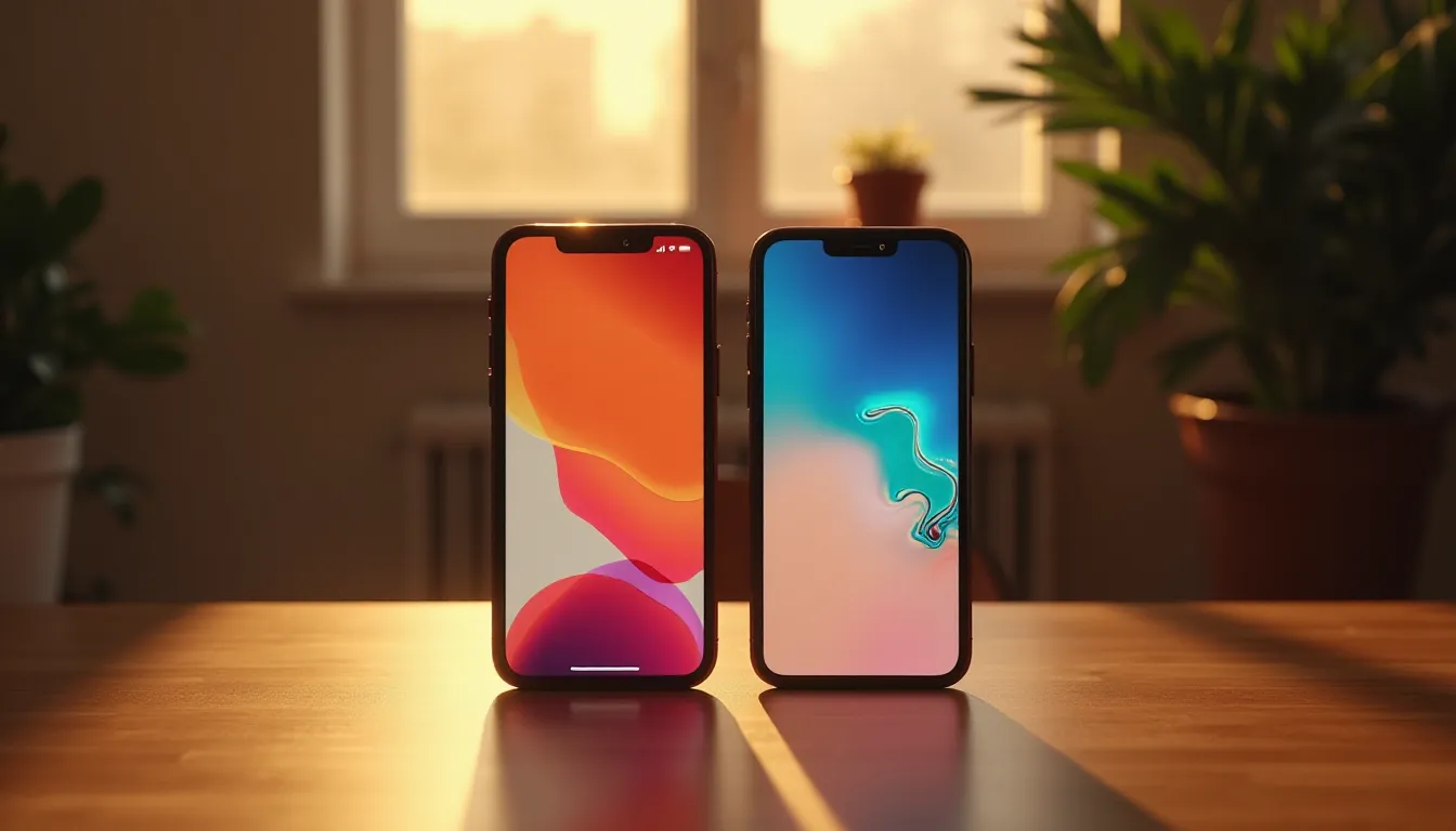 Un iPhone X posé côte à côte avec un iPhone récent sur un bureau en bois, illustrant l'évolution du design Apple sur plusieurs générations