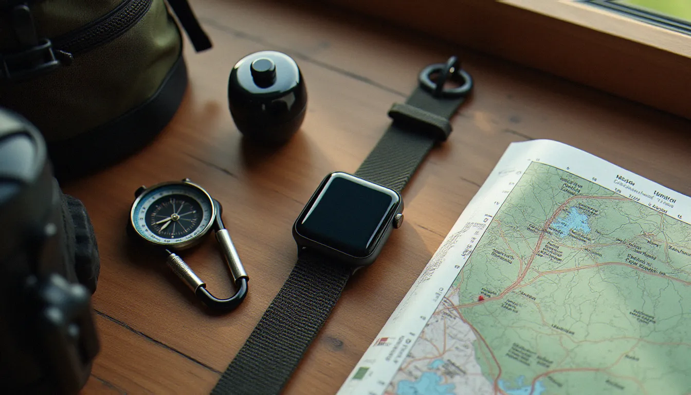 Apple Watch Ultra posée à côté d'équipement de randonnée dont une boussole et une carte topographique sur une table en bois