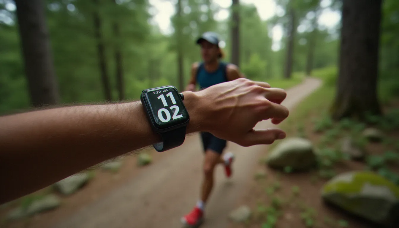 Coureur de trail portant une Apple Watch Ultra sur un sentier forestier rocheux, cadrage dynamique en pleine course
