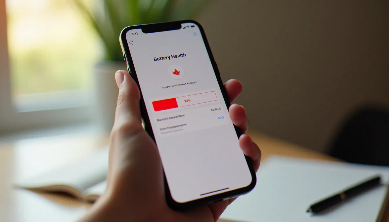 Écran iPhone 13 affichant l'état de santé de la batterie à 74 % dans les réglages iOS, indiquant qu'il est temps de changer la batterie