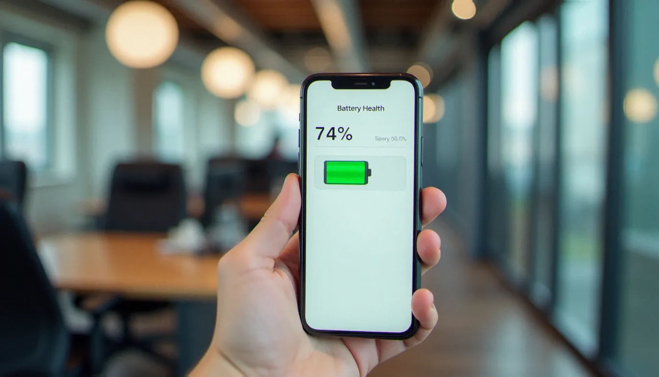 Écran d'iPhone affichant le menu santé de la batterie avec un pourcentage de capacité dégradée, permettant de diagnostiquer si la batterie iPhone doit être changée