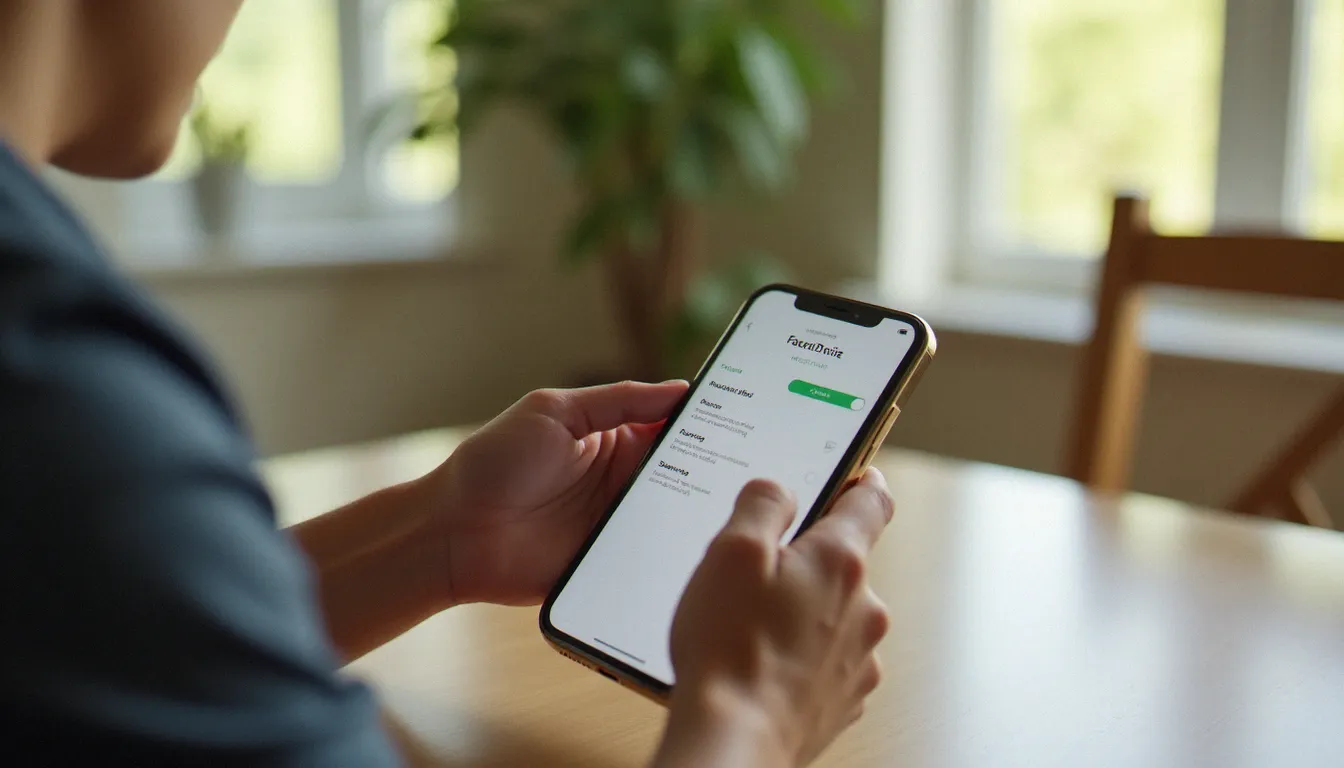 Configuration de FaceTime dans les réglages d'un iPhone posé sur une table, avec une main qui fait défiler les options