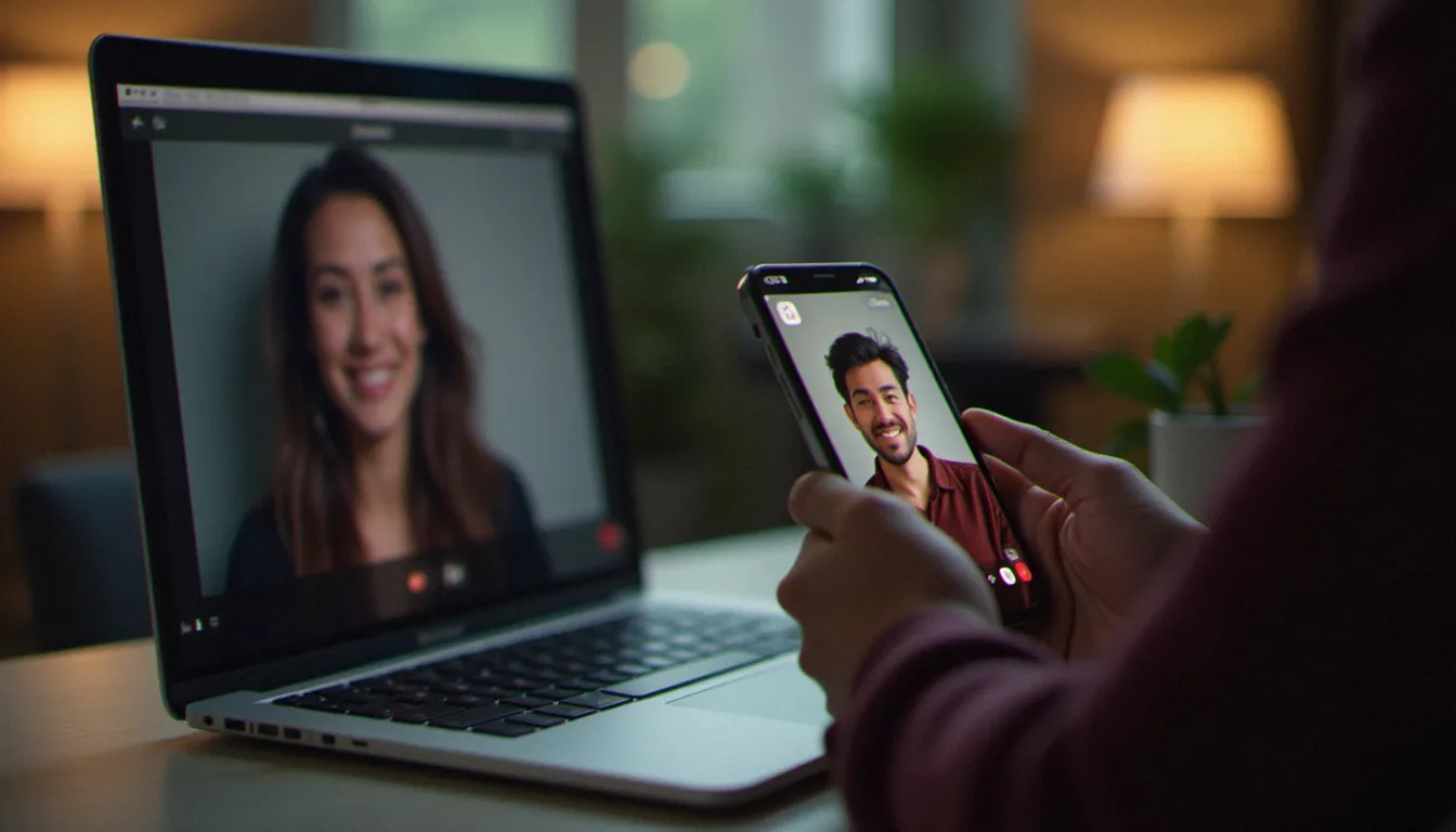 Deux personnes utilisant FaceTime simultanément sur un MacBook et un iPhone dans un environnement de travail moderne