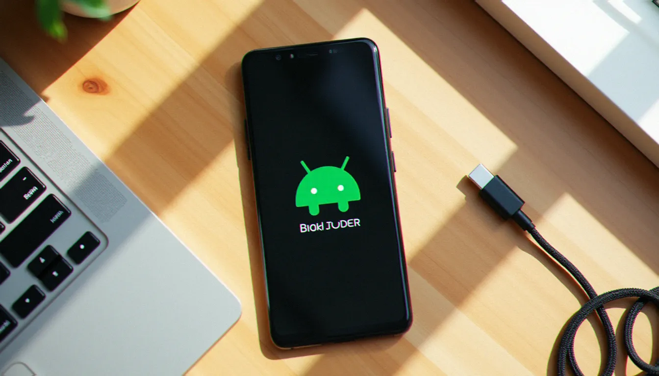 Smartphone Android posé sur un bureau affichant l'écran du bootloader en mode fastboot avec le robot Android couché