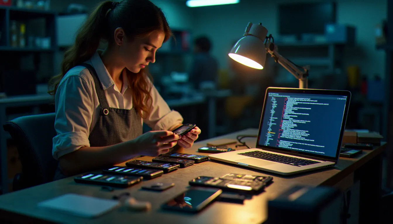 Technicienne mobile professionnelle utilisant fastboot sur plusieurs appareils Android dans un atelier de réparation équipé