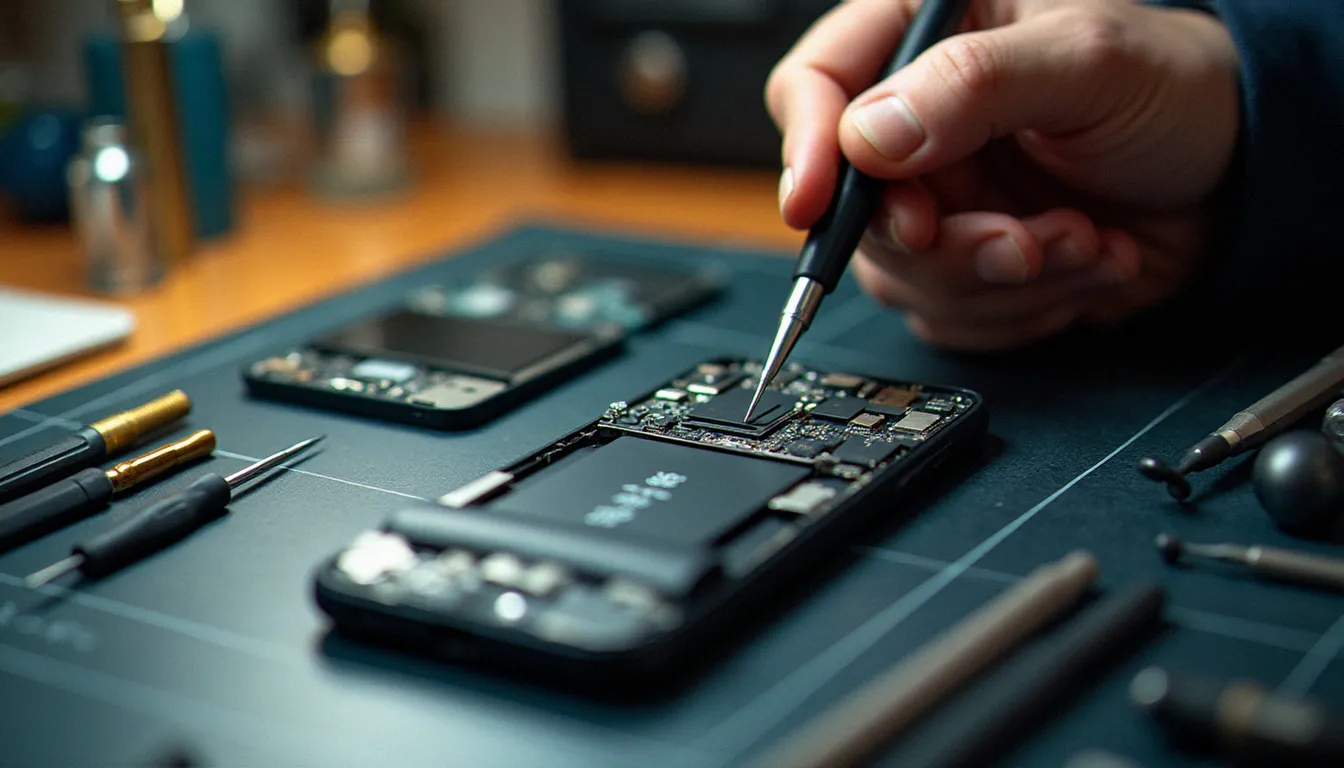Plan de travail d'atelier de réparation mobile avec outils de précision et composants internes d'un smartphone milieu de gamme démontés pour diagnostic