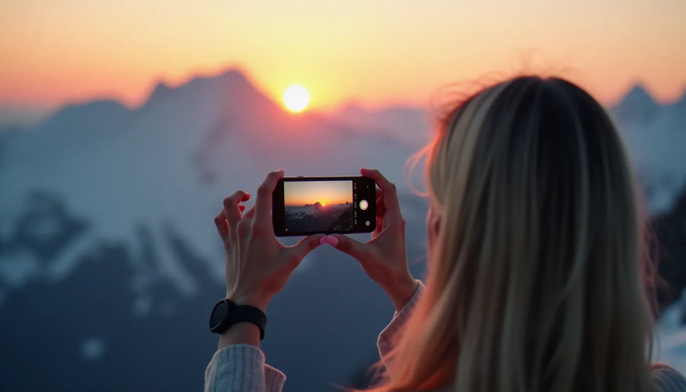 Femme utilisant un smartphone Honor 90 Lite pour photographier les Alpes françaises au coucher du soleil, illustrant les capacités du capteur principal 100 mégapixels en conditions extérieures