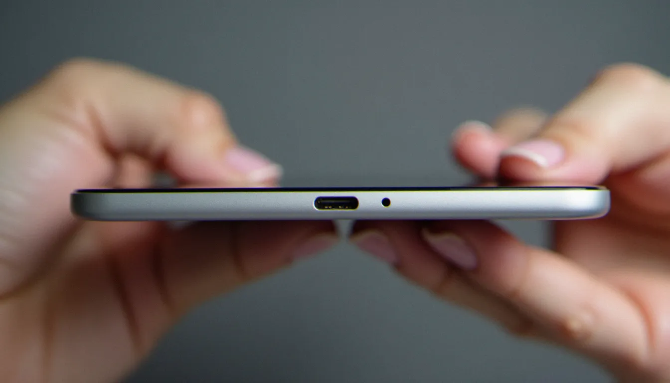 Gros plan sur le bord inférieur en aluminium de l'iPad 10.9 et son port USB-C, tenu par deux mains sur fond gris neutre