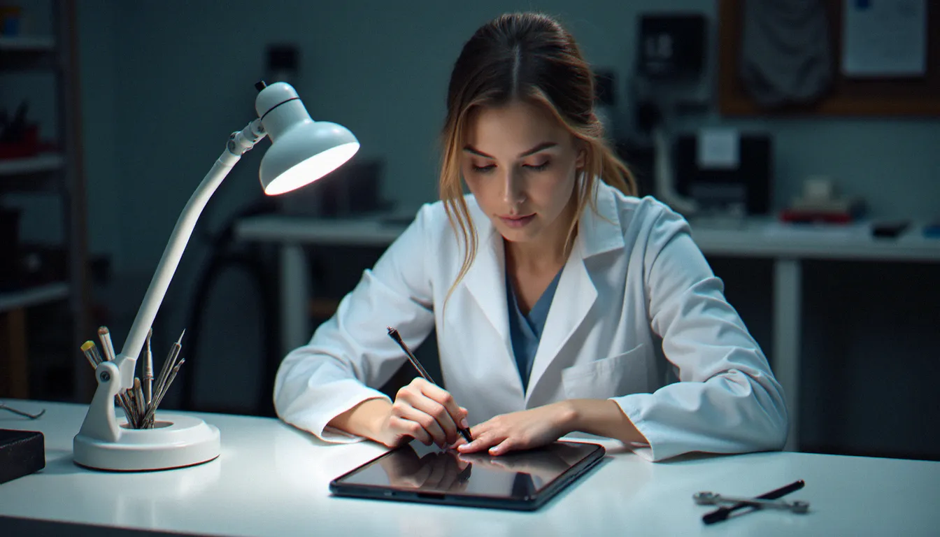 Technicienne en blouse blanche réparant un iPad 10.9 sur un établi anti-statique, lampe loupe et outils de précision au premier plan dans un atelier professionnel