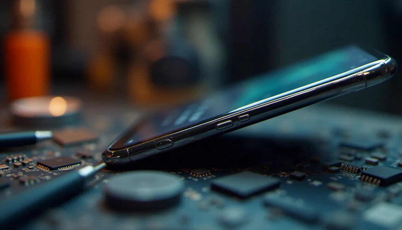 Vue macro de la charnière en titane d'un smartphone pliable ouvert à 90 degrés illustrant les caractéristiques techniques internes d'un iPhone pliable