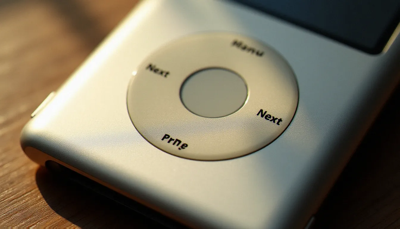 Gros plan macro sur la roue clickwheel d'un iPod Classic montrant les quatre boutons directionnels et le bouton central de validation, éclairage naturel révélant la texture gravée du pavé tactile circulaire