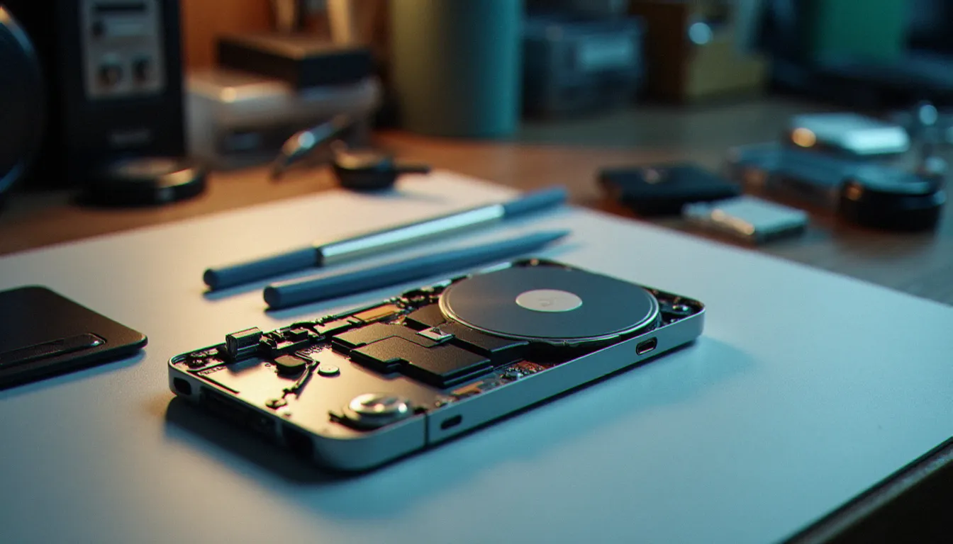 Établi de technicien avec un iPod Classic ouvert et démonté, disque dur interne et batterie visibles, outils de précision en plastique et tournevis disposés à côté sur un tapis antistatique blanc