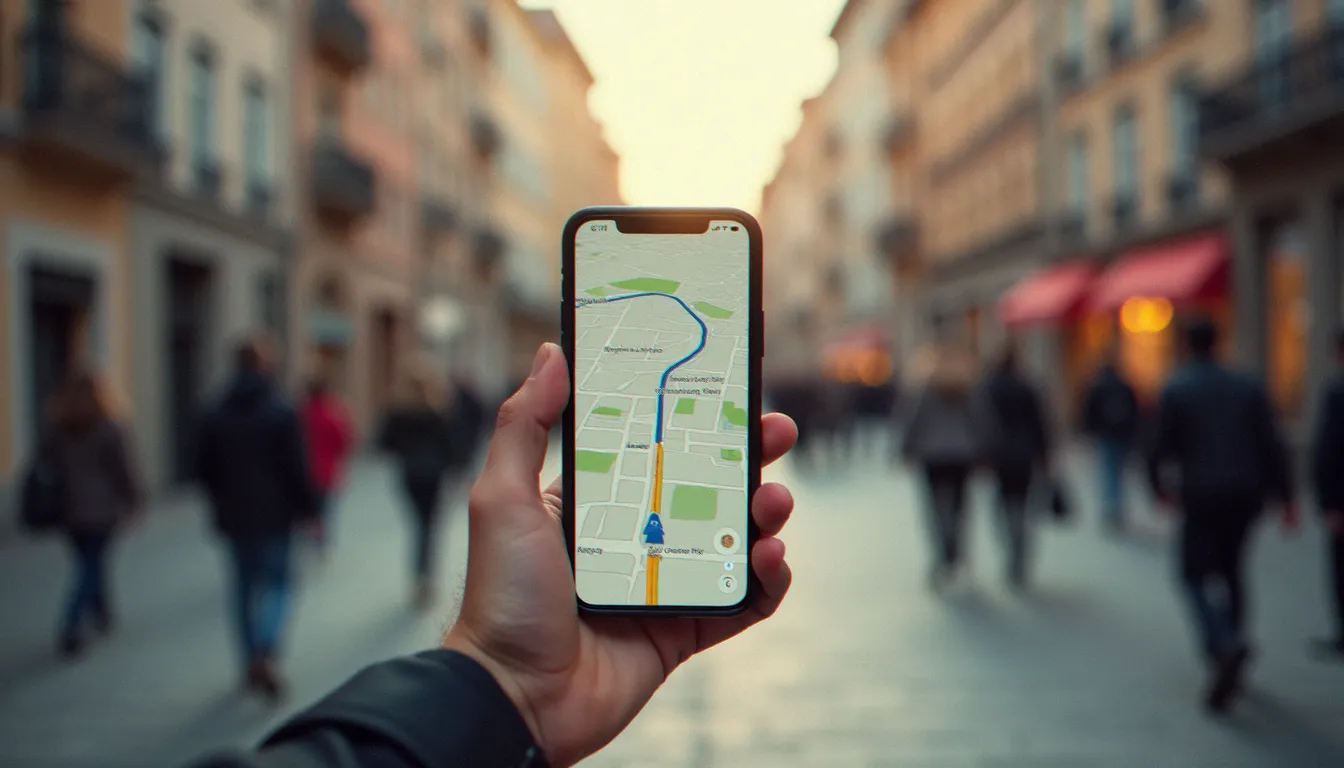 Utilisateur naviguant avec le GPS intégré de l'iPhone 3G dans une rue d'une ville européenne, illustrant l'innovation de géolocalisation apportée par l'iPhone 2 en 2008