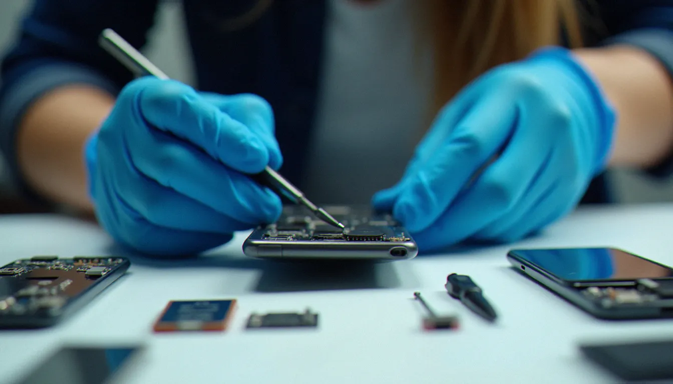 Technicienne en réparation mobile démontant méticuleusement un iPhone 3G sur un établi de formation professionnel, illustrant les compétences nécessaires pour entretenir un iPhone 2 vintage