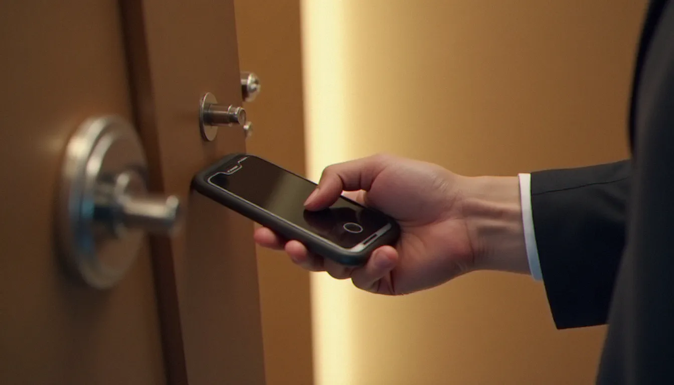 iPhone utilisé comme clé d'hôtel via NFC, démontrant un cas d'usage concret du NFC on iOS en déplacement professionnel