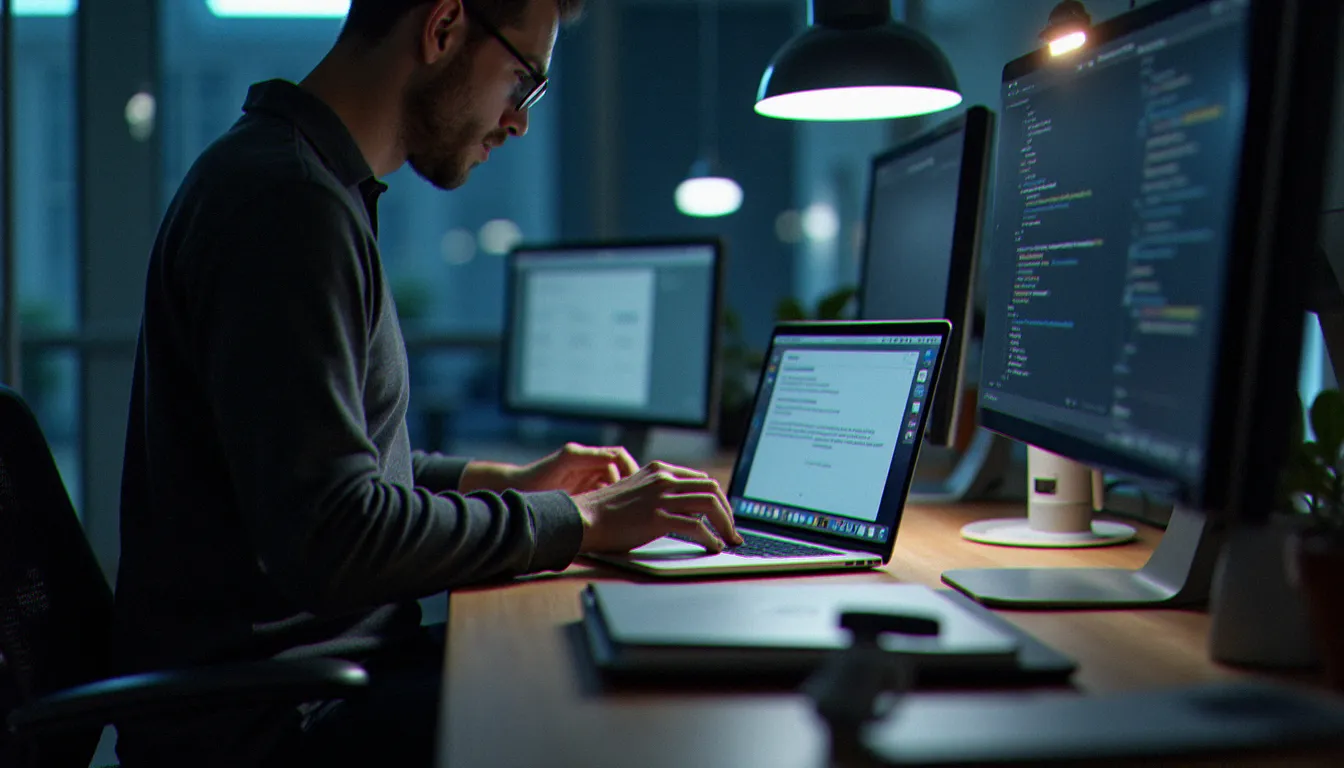 Développeur consultant la documentation Core NFC d'Apple avec un iPhone et des étiquettes NFC sur son bureau, dans le cadre du développement d'applications NFC on iOS