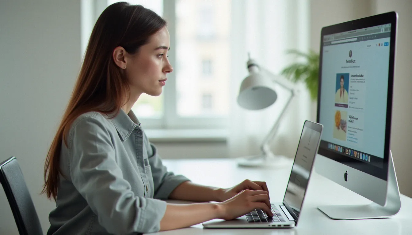 Femme utilisant un ordinateur portable pour naviguer sur un profil de réseau social, représentant les étapes d'utilisation de Picuki Instagram