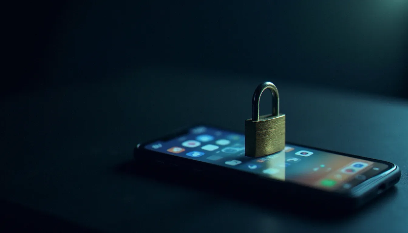 Cadenas posé sur un smartphone symbolisant la sécurité et la légalité de l'utilisation d'outils tiers comme Picuki Instagram