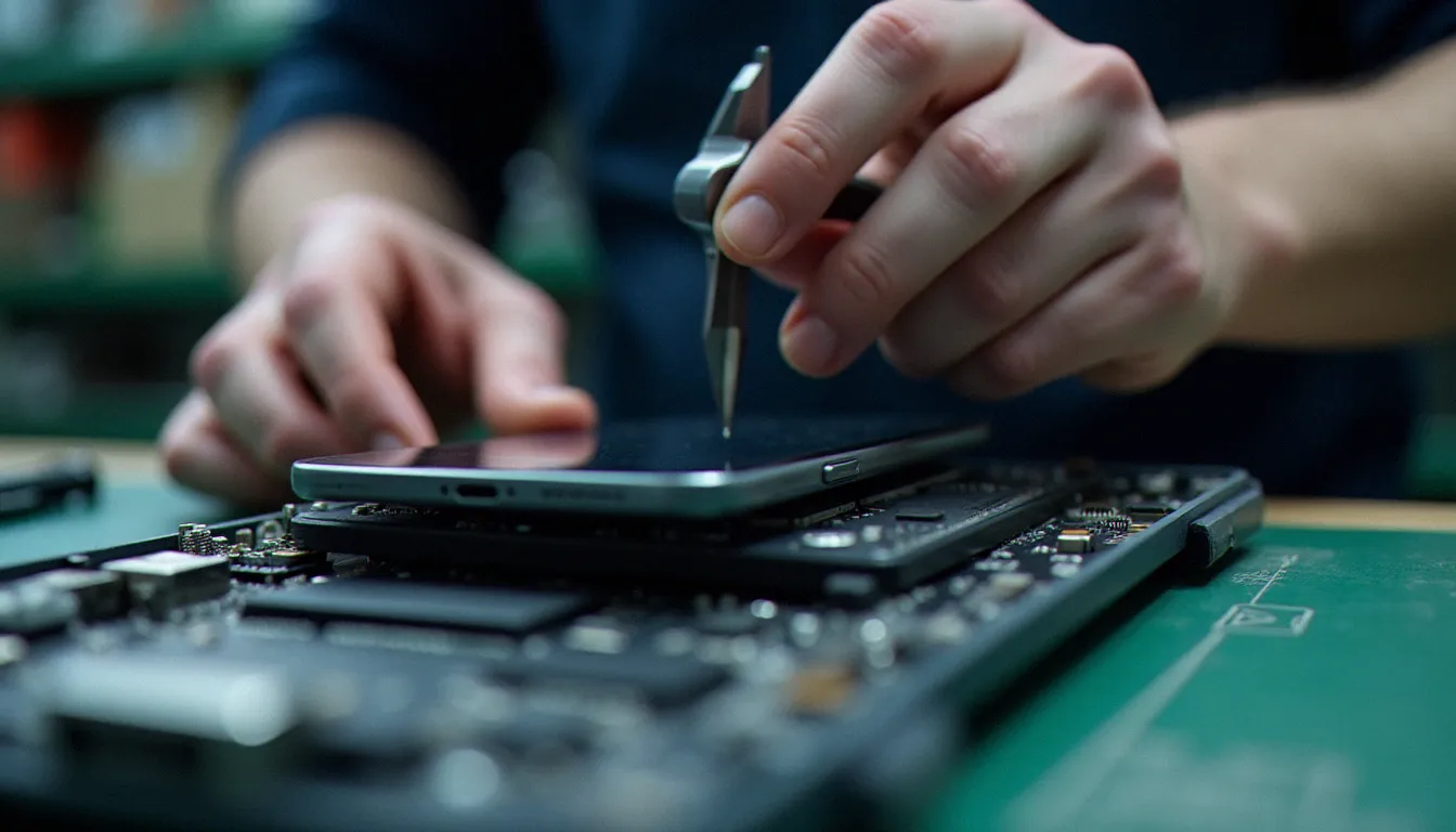 Technicienne mesurant l'épaisseur d'un châssis de smartphone ultra-fin sur un établi de réparation mobile professionnel