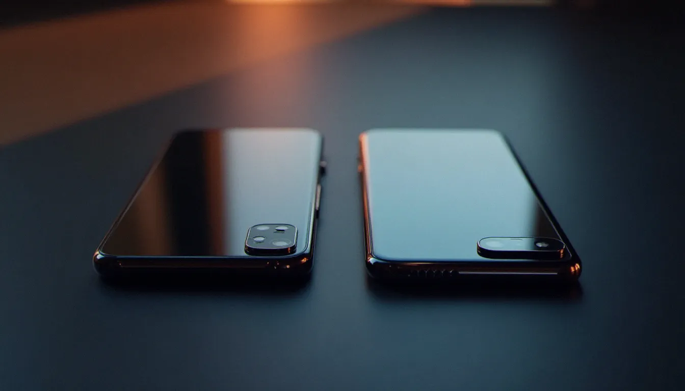 Comparatif de deux modèles iPhone côte à côte montrant les différences de design entre l'iPhone 17 standard et le modèle Pro