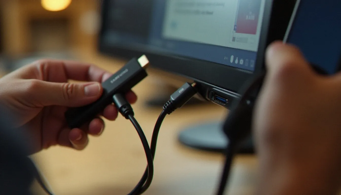 Connexion d'un câble USB-C vers HDMI entre un smartphone Samsung et un moniteur pour activer le mode Samsung DeX