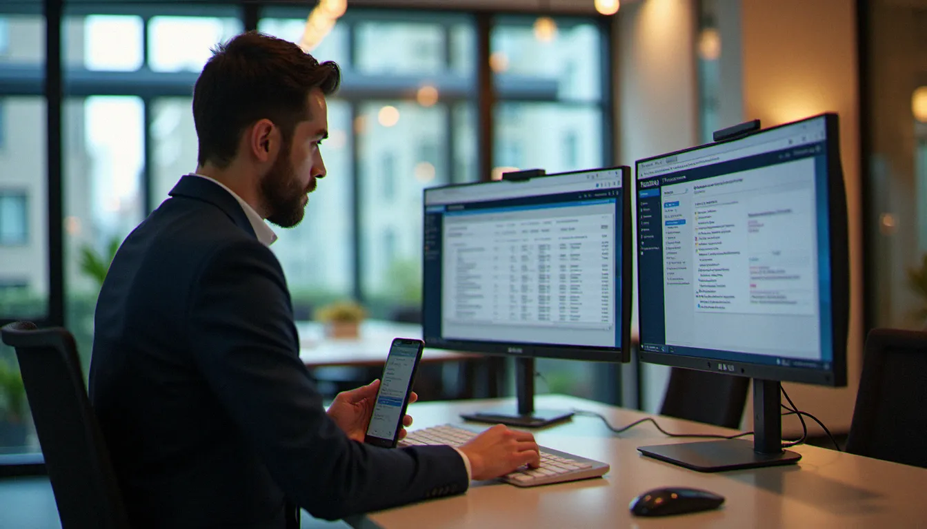 Professionnel utilisant Samsung DeX en mode multi-écrans sur un bureau debout dans un espace de coworking moderne