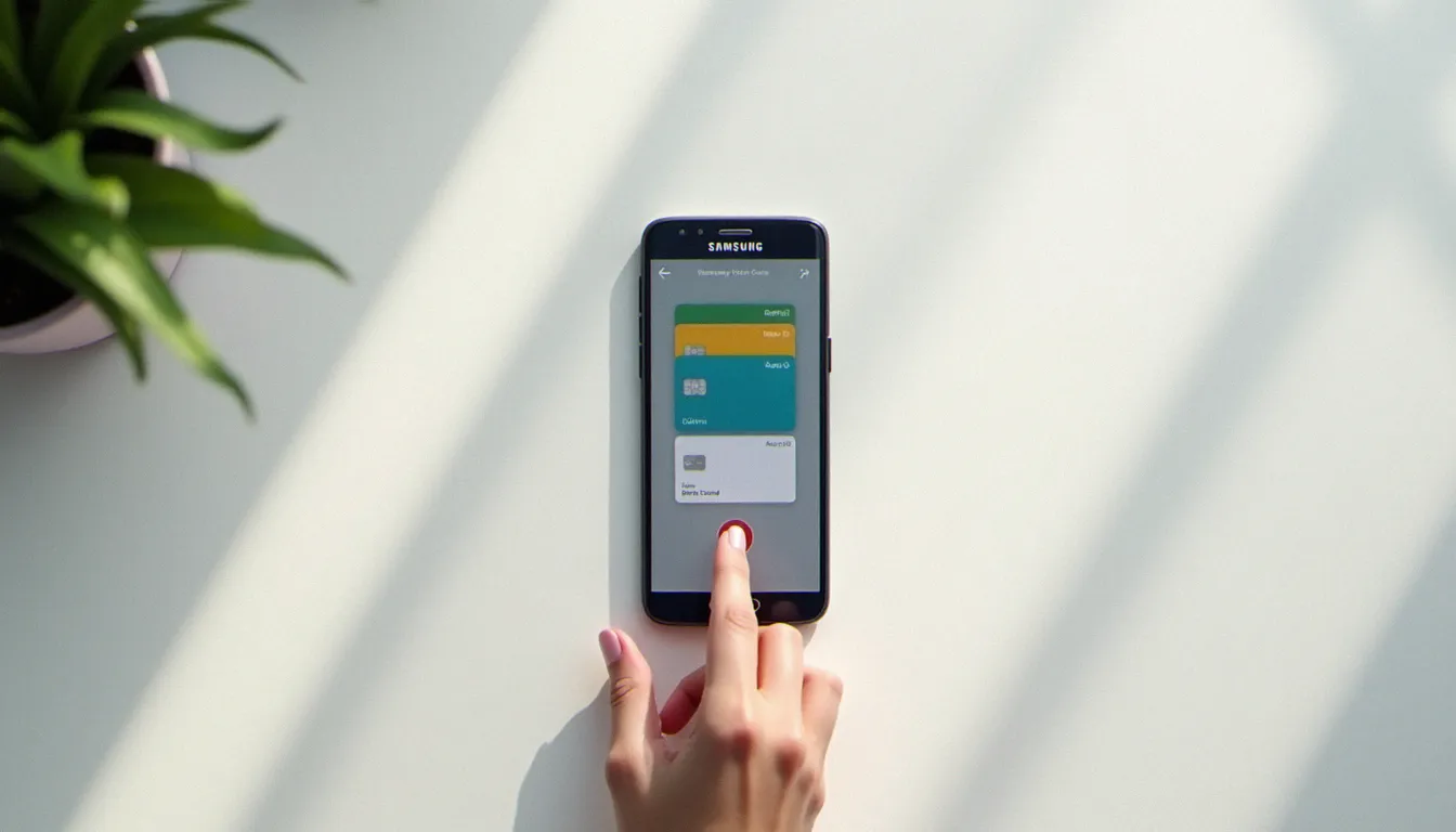 Vue de dessus d'un smartphone Samsung affichant l'interface de configuration des cartes bancaires dans une application de paiement mobile