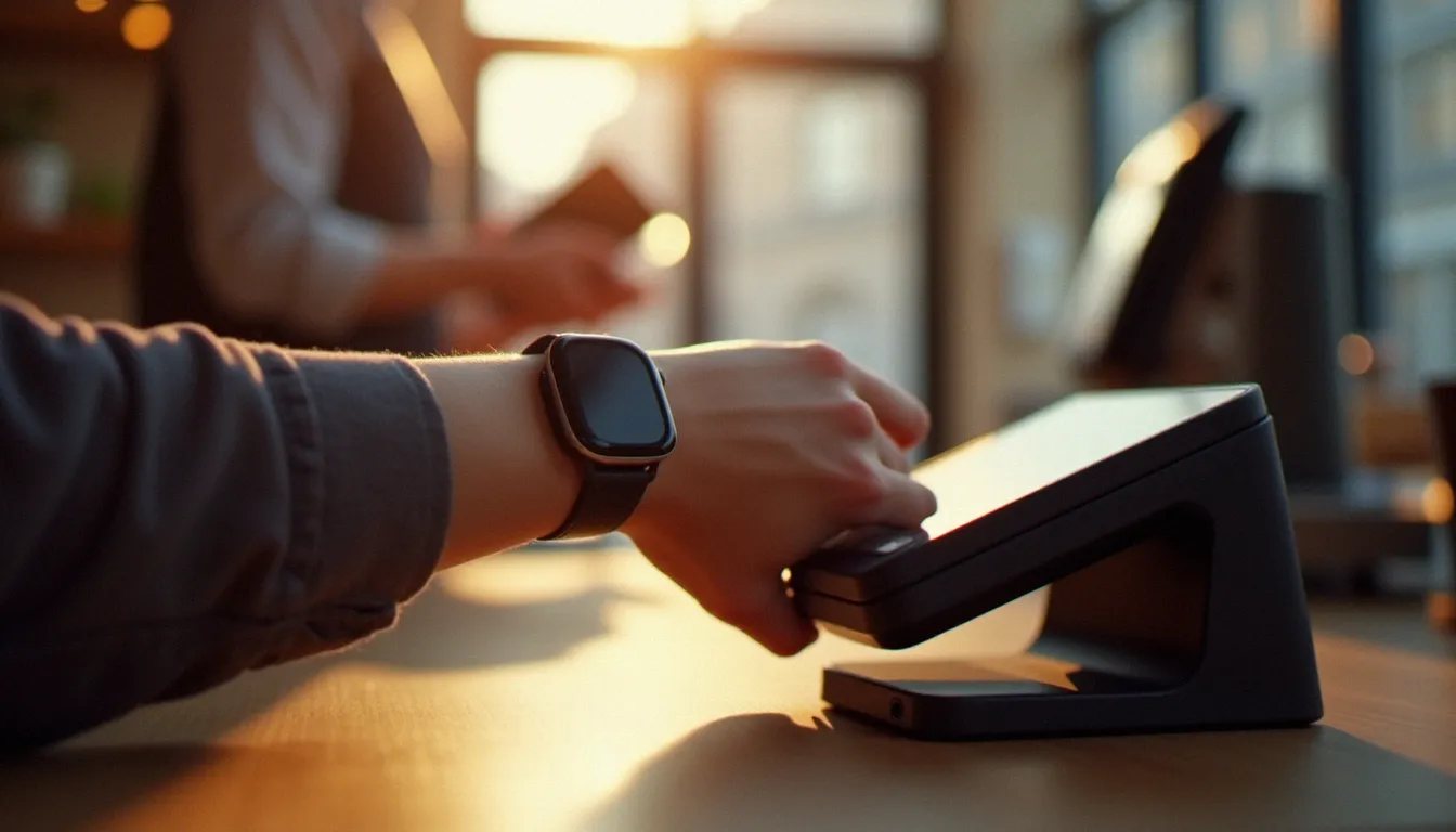 Montre connectée Samsung Galaxy Watch utilisée pour effectuer un paiement sans contact sur un terminal NFC dans un café
