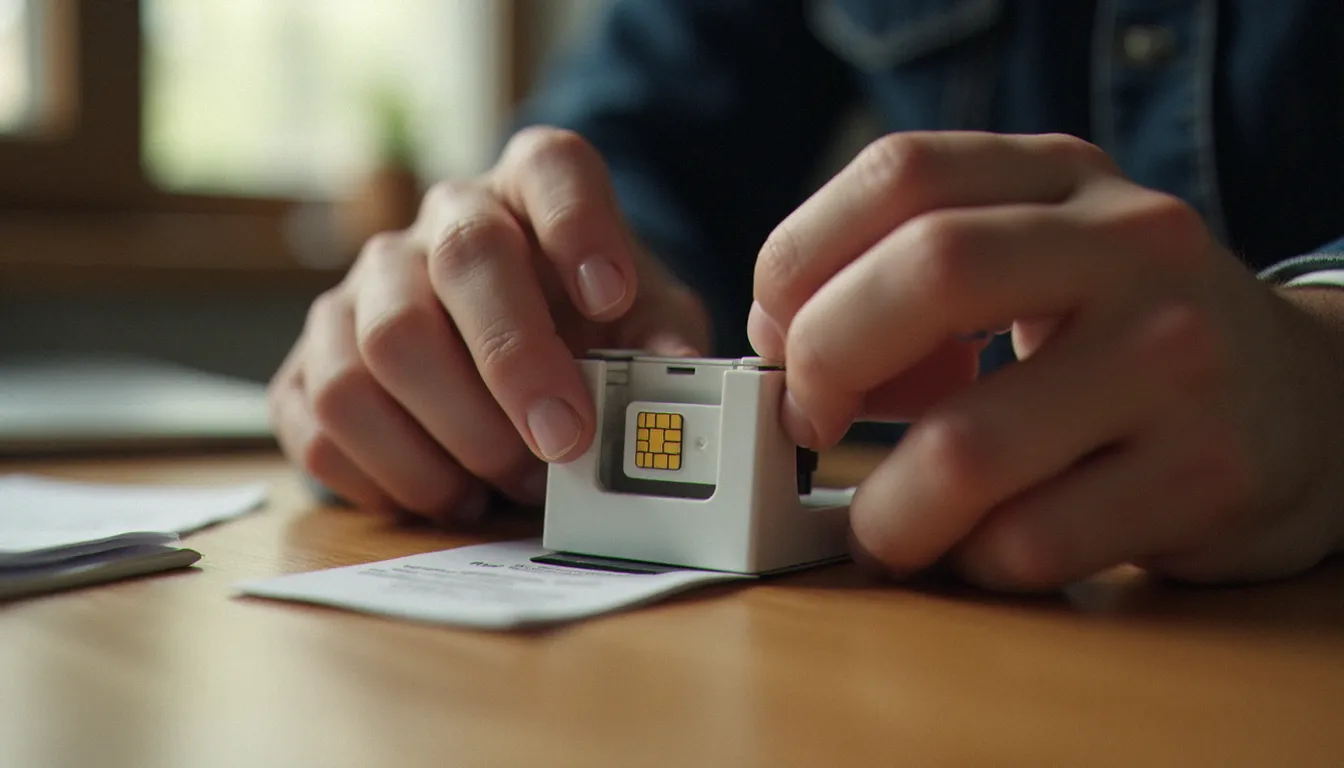 Mains d'un technicien positionnant une carte SIM dans un outil de découpe SIM cutter pour réaliser une conversion en nano SIM