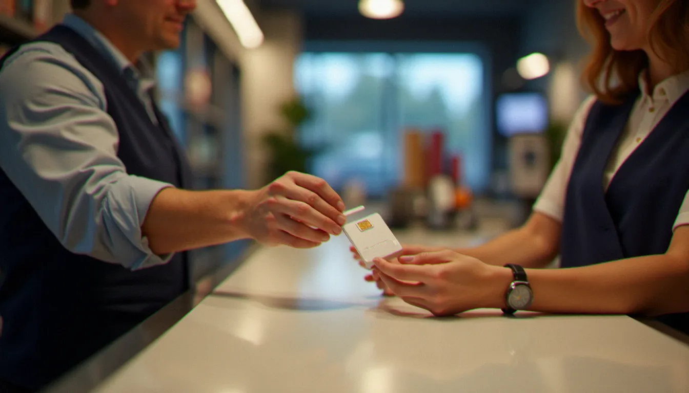 Employé d'une boutique d'opérateur téléphonique remettant une enveloppe contenant une nouvelle nano SIM à un client lors d'un échange de carte SIM gratuit