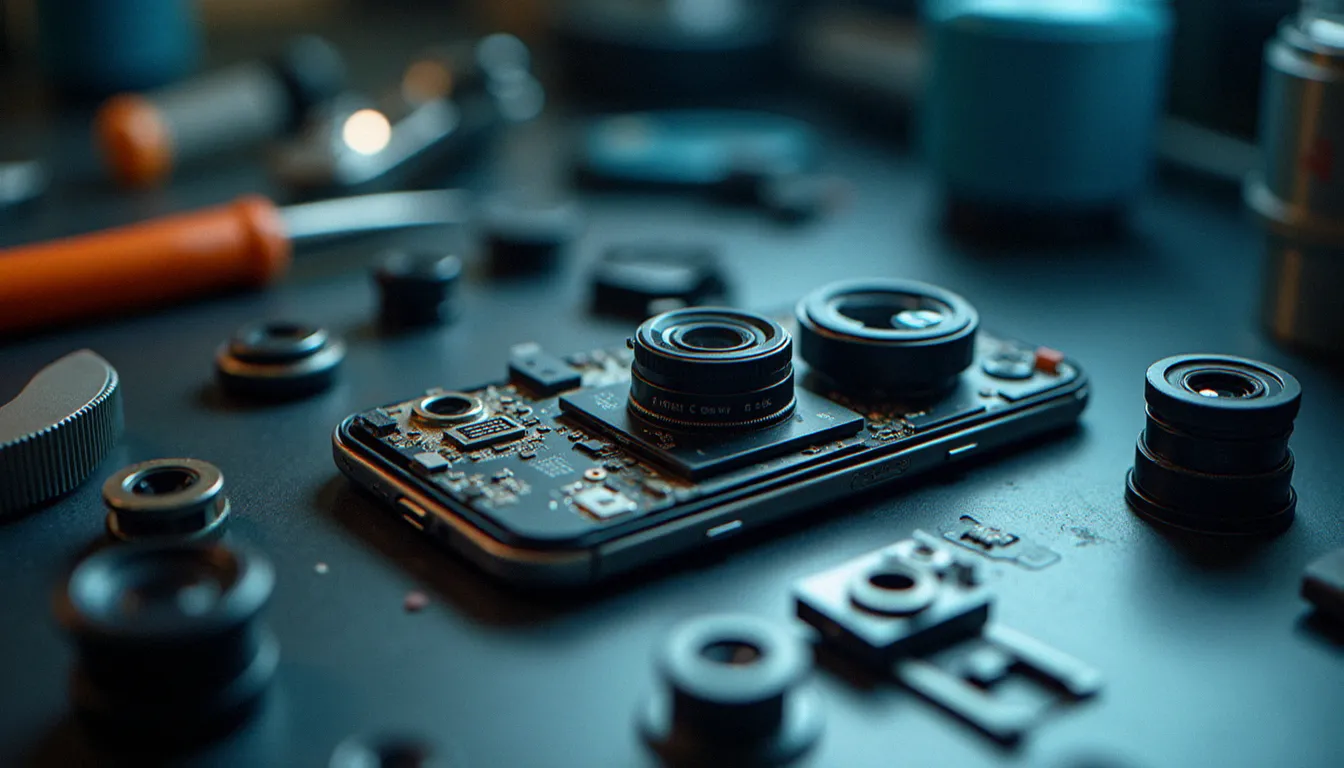 Module caméra triple objectif d'un smartphone démontée sur établi de technicien, illustrant les avancées photographiques apportées par la sortie iPhone 17