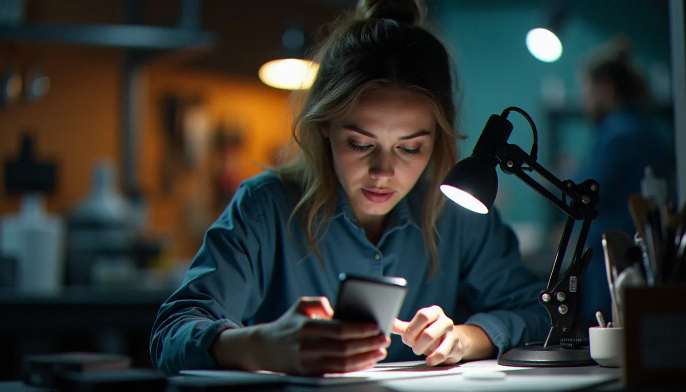 Technicienne mobile examinant un smartphone haut de gamme sous loupe éclairante dans un atelier professionnel moderne, dans le contexte des enjeux de réparabilité liés à la sortie iPhone 17