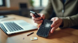 Une personne tenant un smartphone à l'écran fissuré et une carte SIM, illustrant le diagnostic d'un problème avec la postale mobile