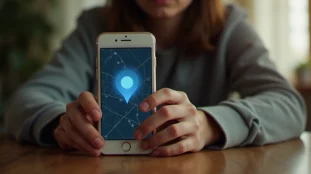 Personne tenant un iPhone affichant une carte de localisation pour retrouver un iPhone perdu, visage inquiet en arrière-plan flou