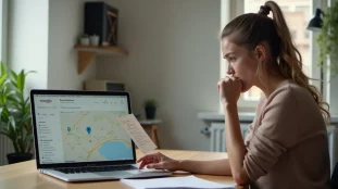Une femme consultant la carte de localisation d'un iPhone perdu sur iCloud depuis un ordinateur portable, illustrant comment localiser un iPhone perdu