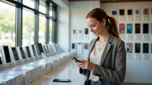 Une cliente examinant un mobile avec forfait Orange dans une boutique lumineuse moderne