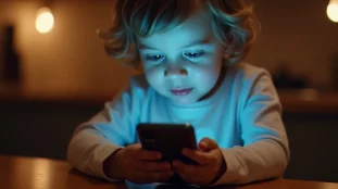 Enfant de 5 ans utilisant un smartphone très proche de son visage, illustrant le mobile danger children et l'exposition rapprochée aux ondes
