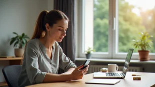 Une femme technicienne tenant un smartphone et examinant une offre de mobile sans engagement à son bureau