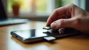 Main tenant un smartphone avec le tiroir SIM éjecté, illustrant l'utilisation d'un mobile sans forfait