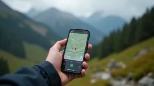Personne utilisant un mobile sans internet pour naviguer hors ligne en zone de montagne sans réseau