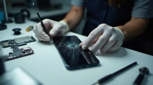 Technicienne en train de réparer l'écran d'un iPhone sur un établi de réparation mobile professionnel avec des outils de précision