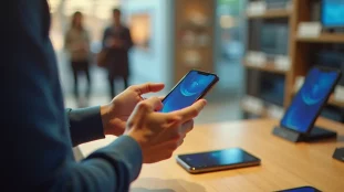 Une personne compare plusieurs smartphones sur un comptoir en magasin pour choisir un téléphone en solde