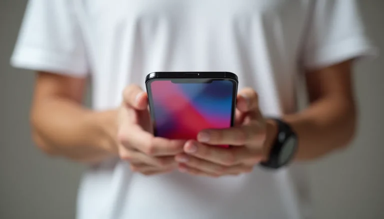 Apple iPhone 17 tenu en main, écran iOS 19 allumé, châssis aluminium fin visible, photographie produit professionnelle sur fond neutre