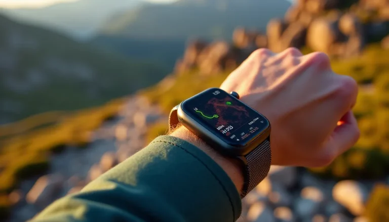 Apple Watch Ultra 3 portée au poignet d'un randonneur sur un sommet rocheux en haute montagne, avec une carte GPS topographique affichée sur l'écran