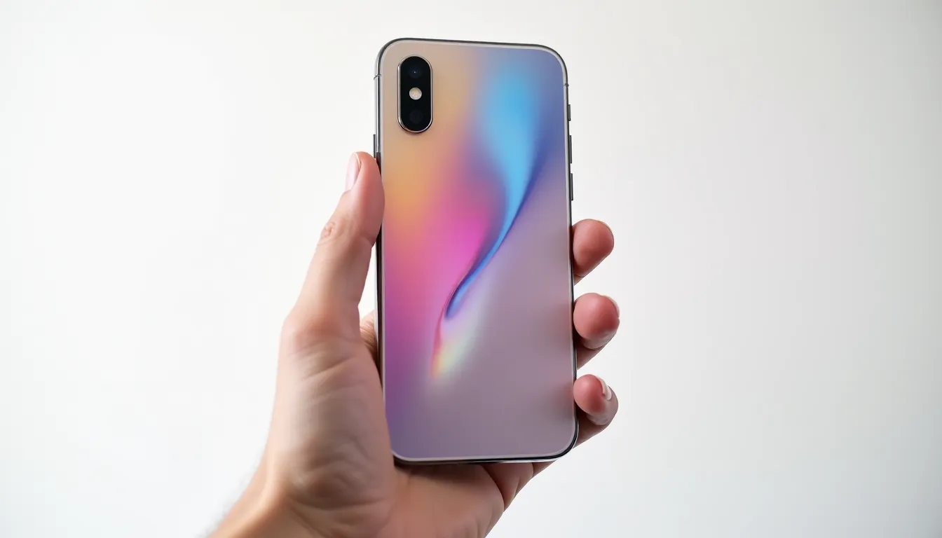Un iPhone X tenu en main montrant son écran OLED bord-à-bord et son châssis en acier inoxydable poli sur fond blanc neutre