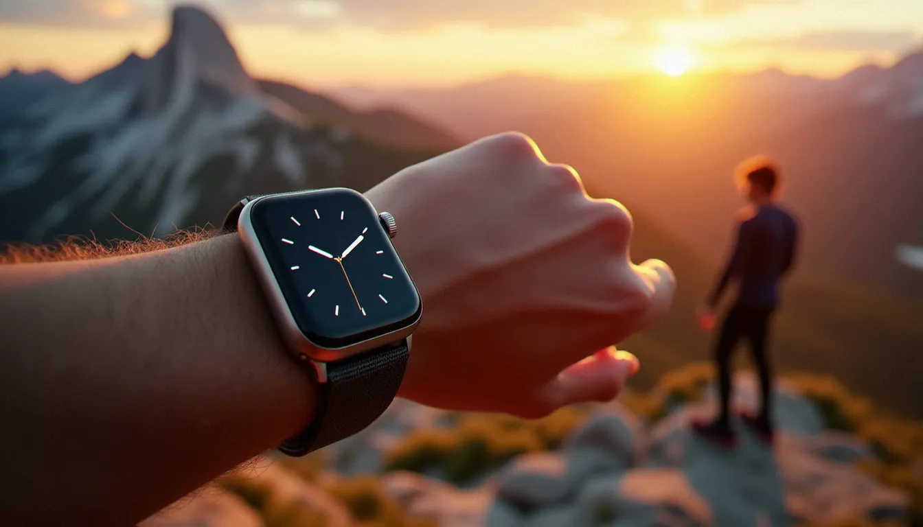 Apple Watch Ultra en titane portée au poignet d'un athlète sur une crête alpine au lever du soleil, montre connectée haut de gamme